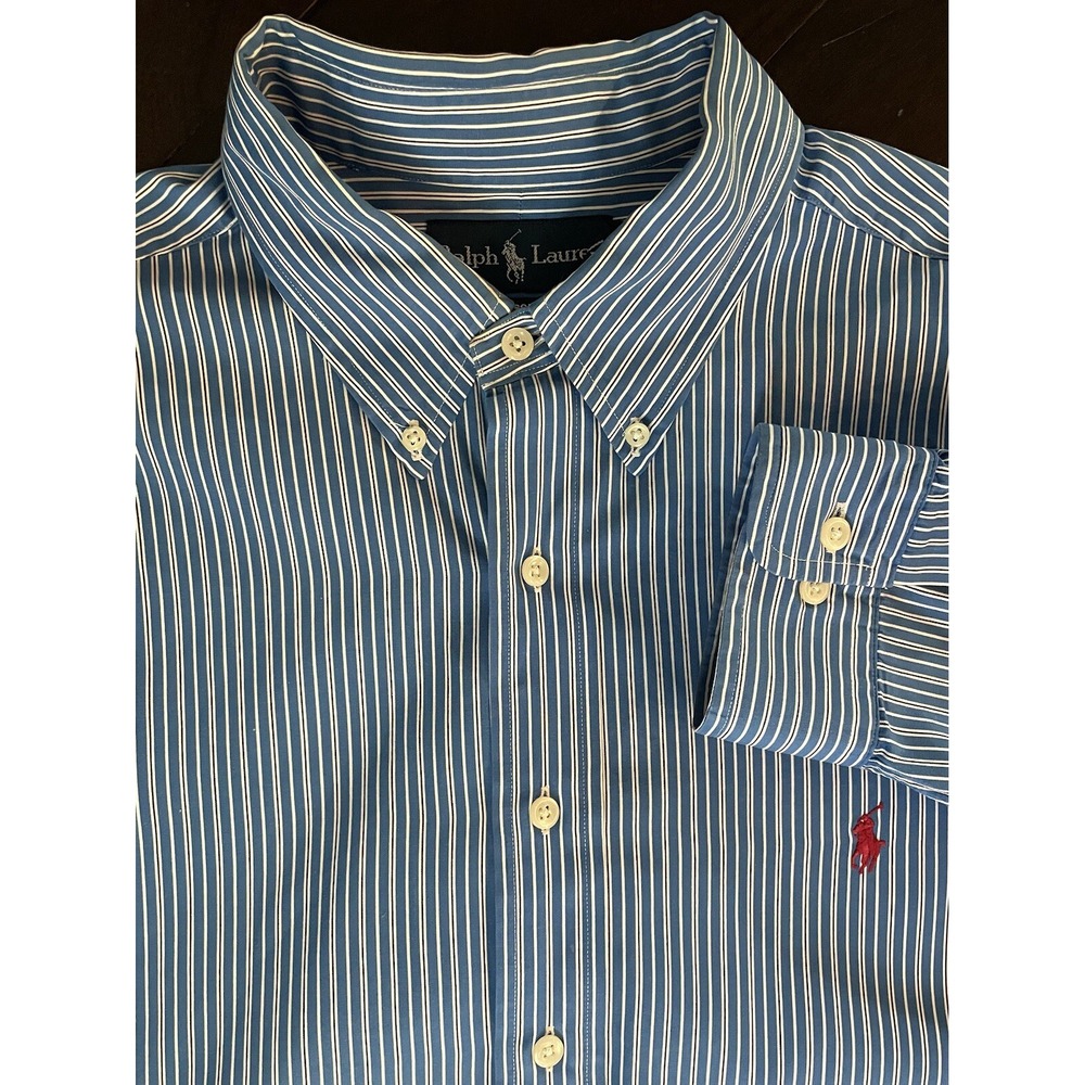 Ralph Lauren Button Down Shirt Men XL Blue White Striped Classic Fit Long Sleeve